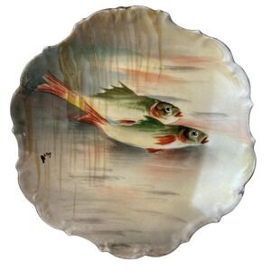 Antique Limoges Fish Plate Signed 9.5" LDBC France Handpainted Scalloped Hanging
